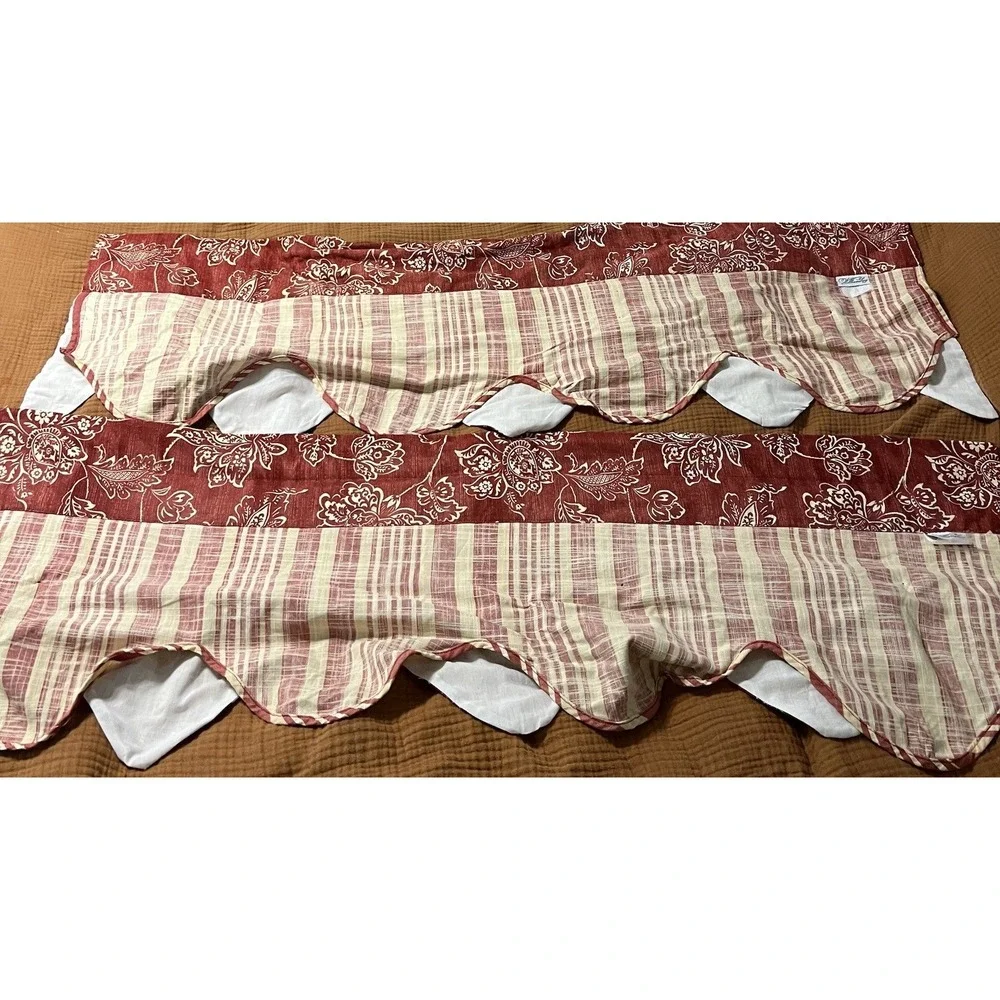 2 VTG Floral Window Valance Red White Stripe Double Layer Scalloped 52